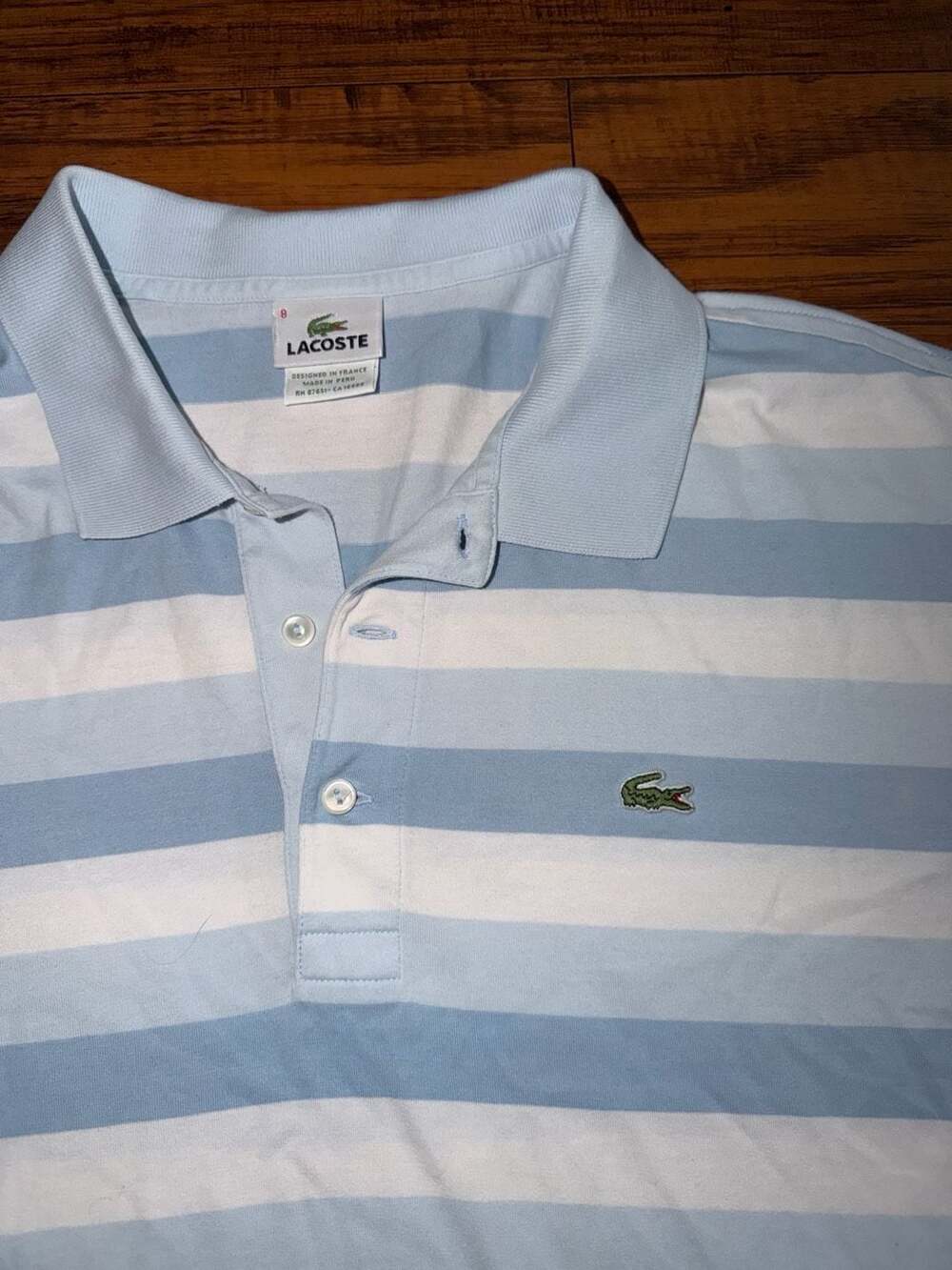 Lacoste Men's Striped Cotton Short Sleeve Polo Shirt Blue and White Size 8 - Picture 2 of 6